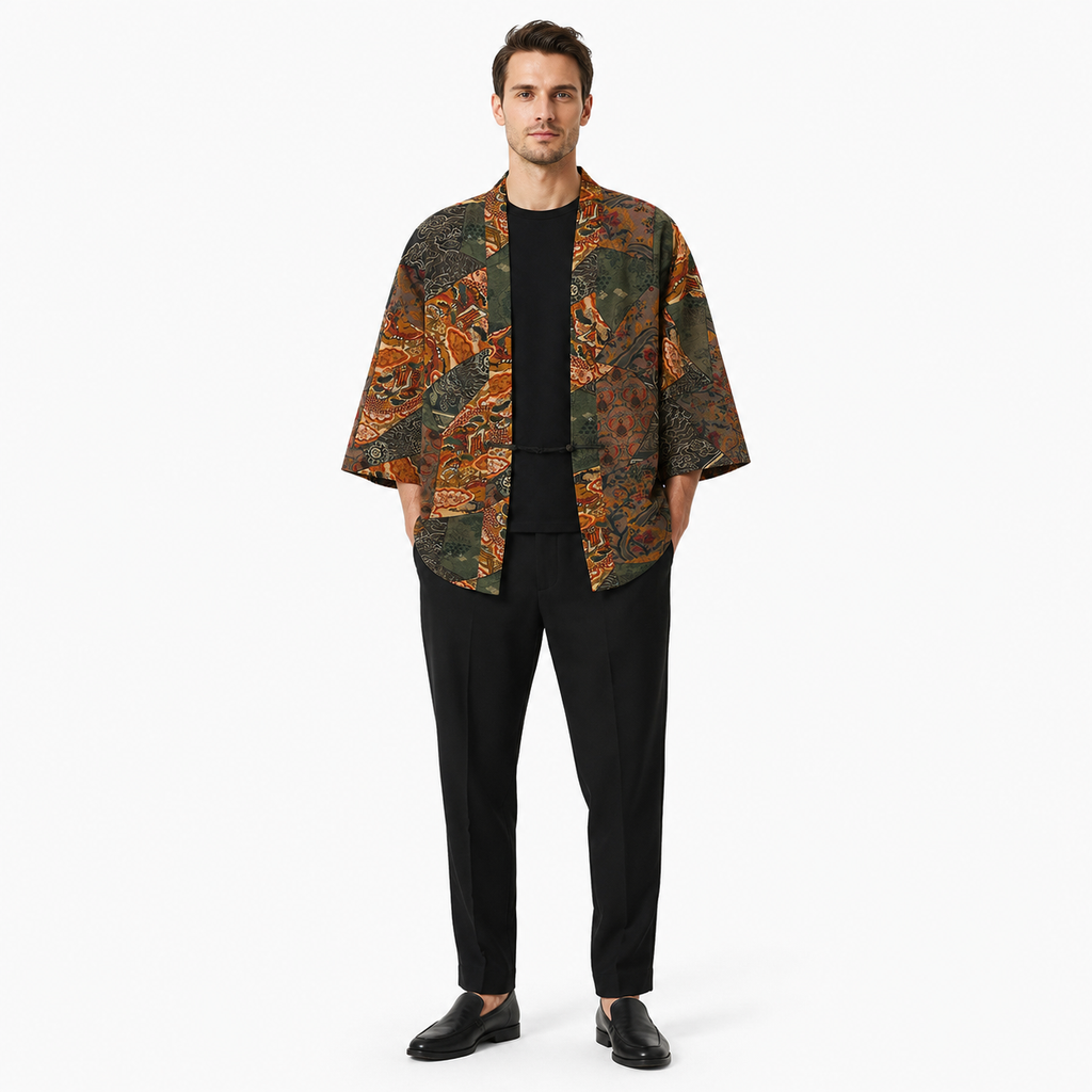 Kimono Mixte Patchwork Vert Foncé Court | Momiji