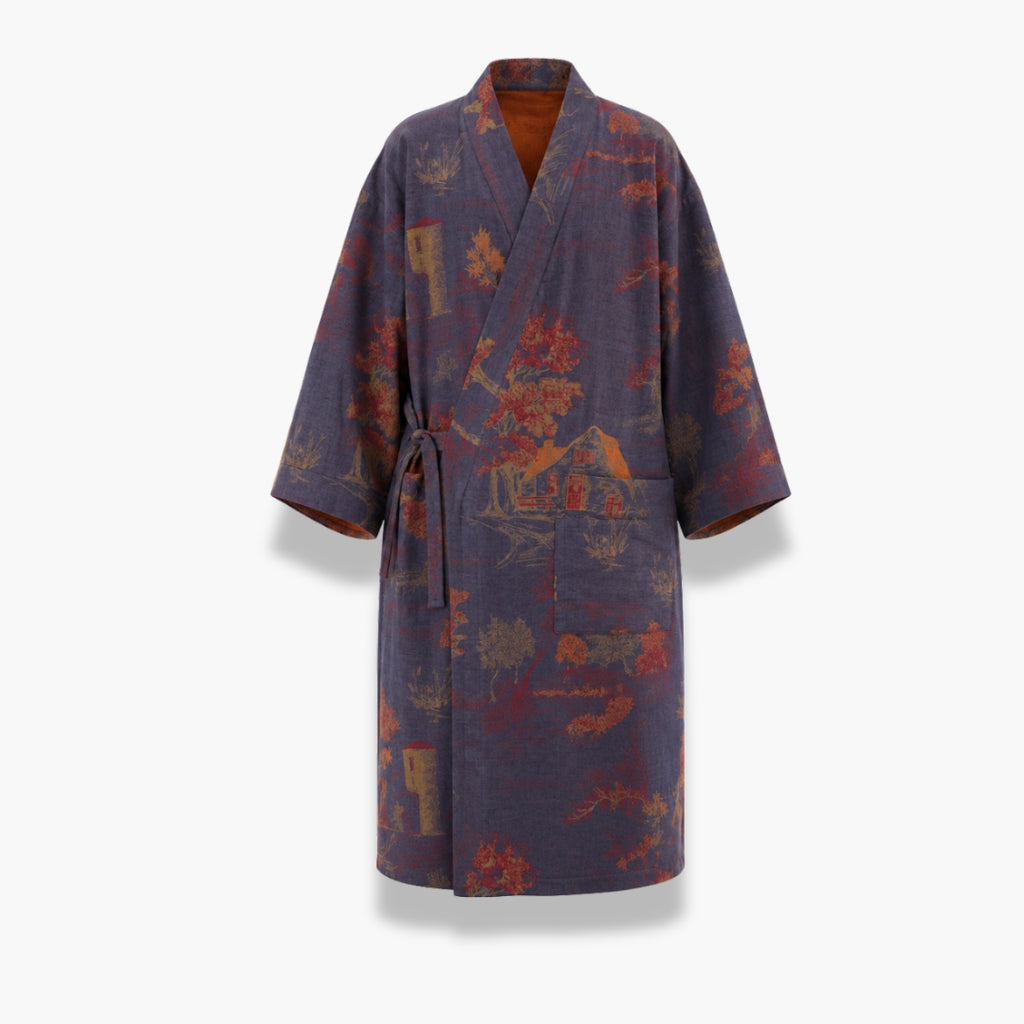 Peignoir Kimono Femme Coton Bleu Gris | Asami