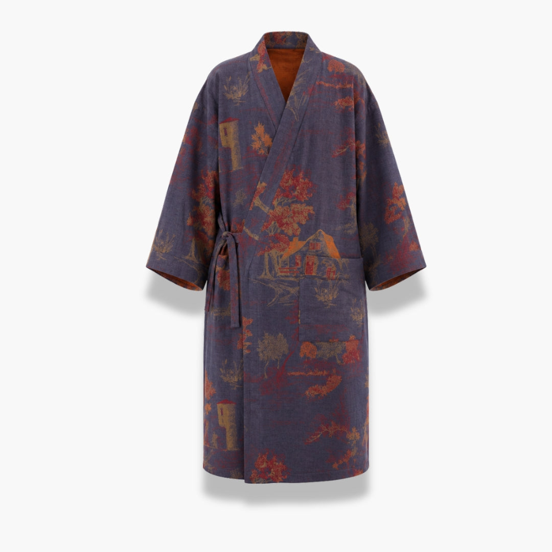Peignoir Kimono Femme Coton Bleu Gris | Asami
