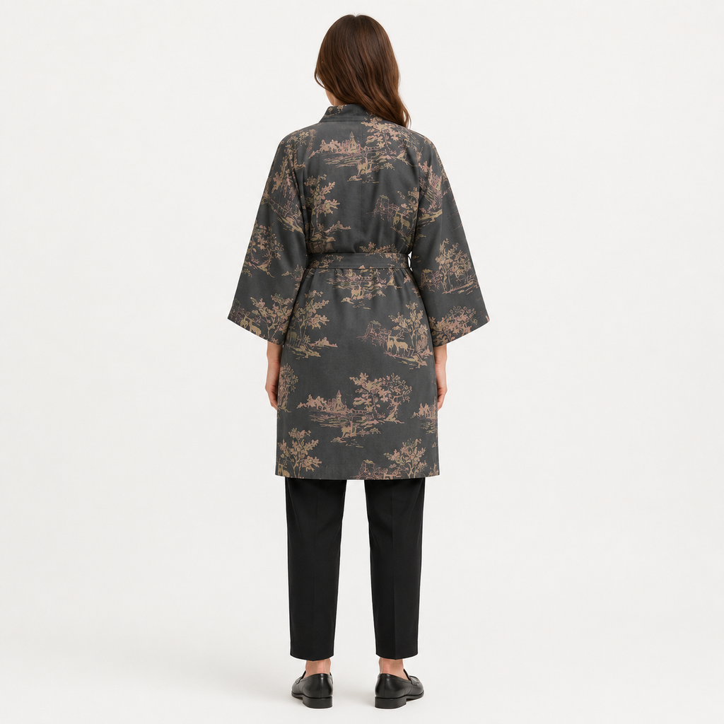 Peignoir Kimono Femme Coton Gris Fleuri | Mizuki