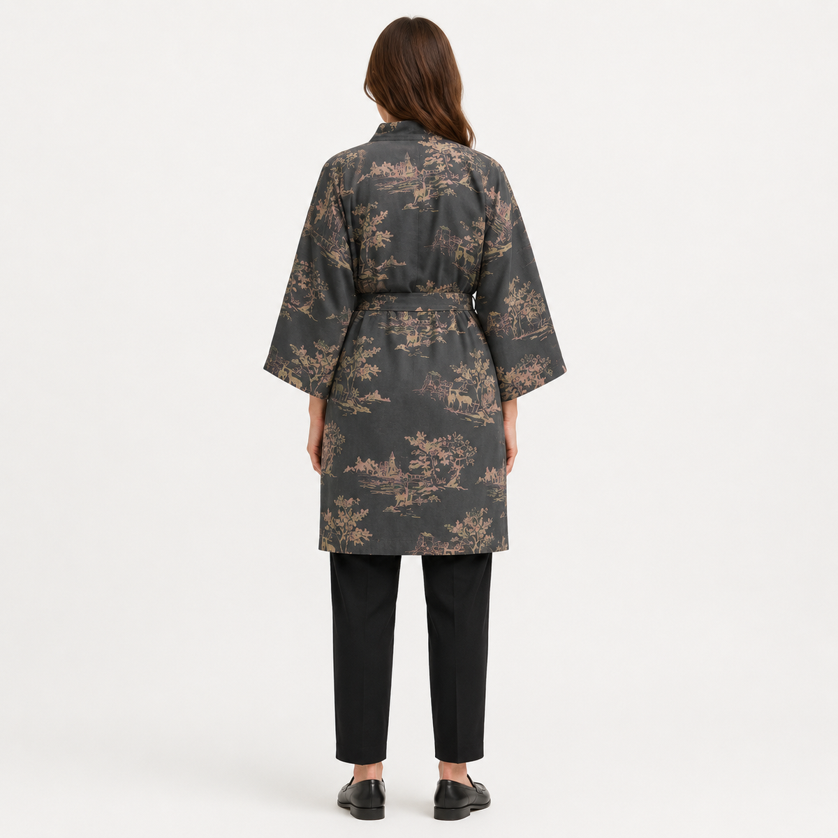 Peignoir Kimono Femme Coton Gris Fleuri | Mizuki