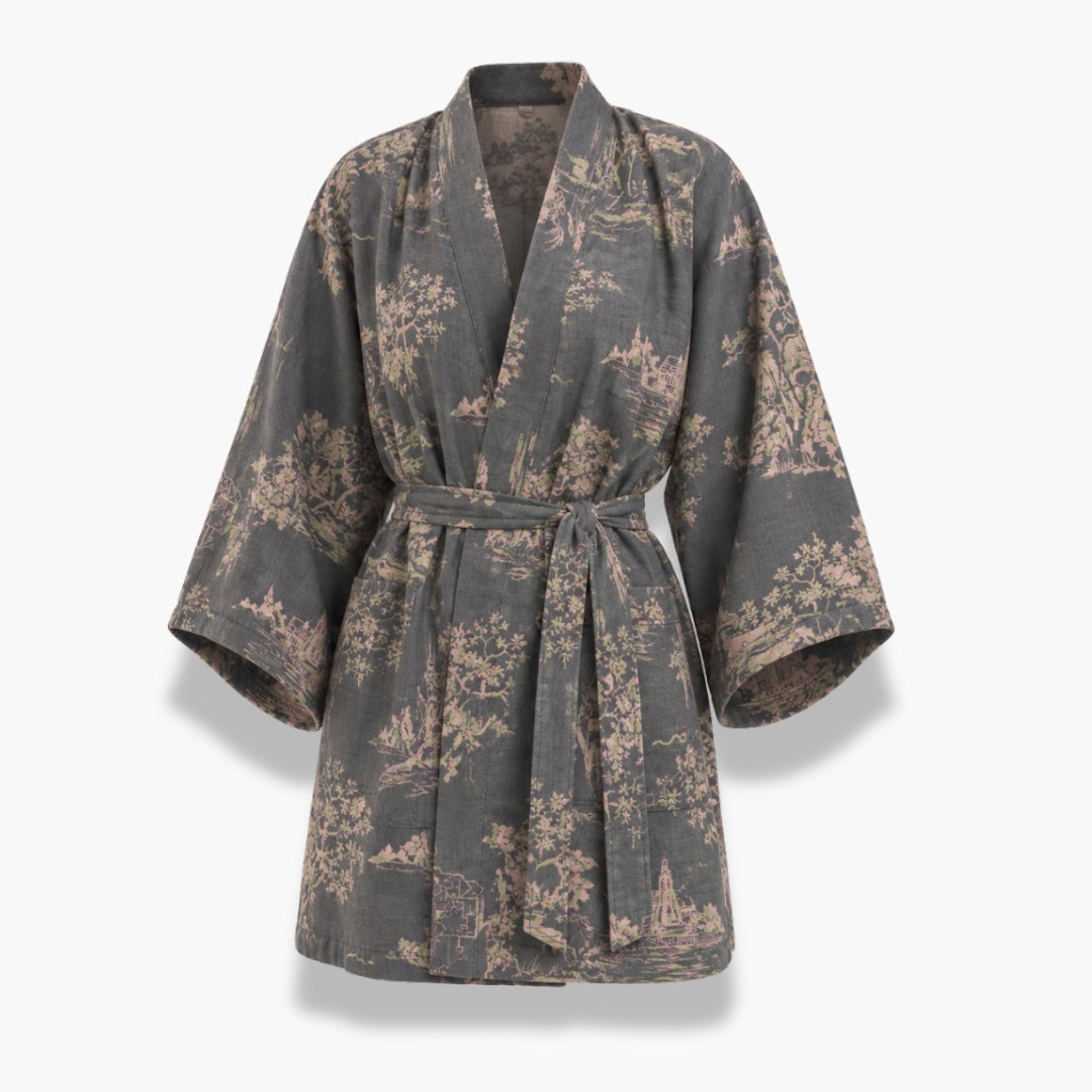 Peignoir Kimono Femme Coton Gris Fleuri | Mizuki