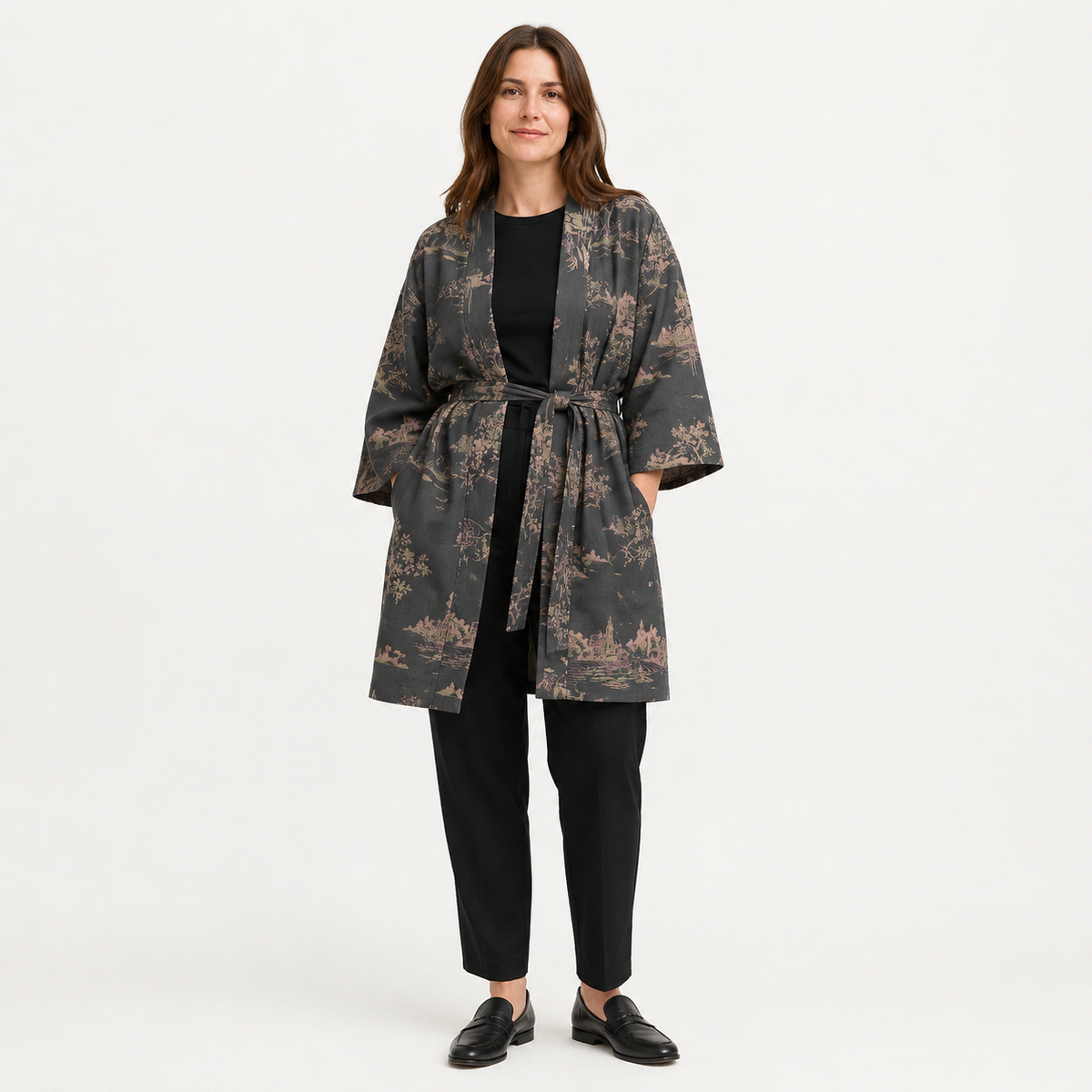 Peignoir Kimono Femme Coton Gris Fleuri | Mizuki