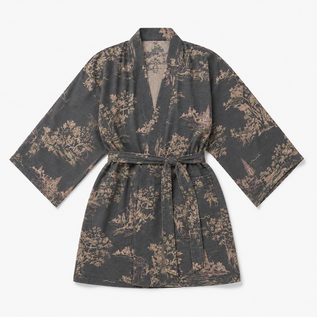 Peignoir Kimono Femme Coton Gris Fleuri | Mizuki