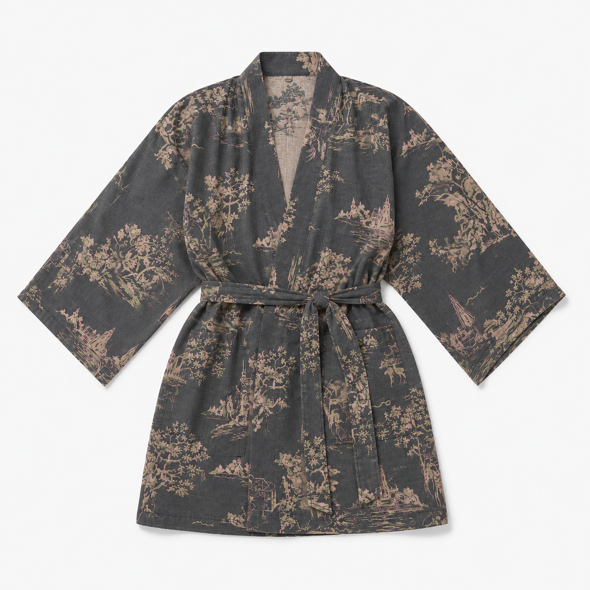Peignoir Kimono Femme Coton Gris Fleuri | Mizuki