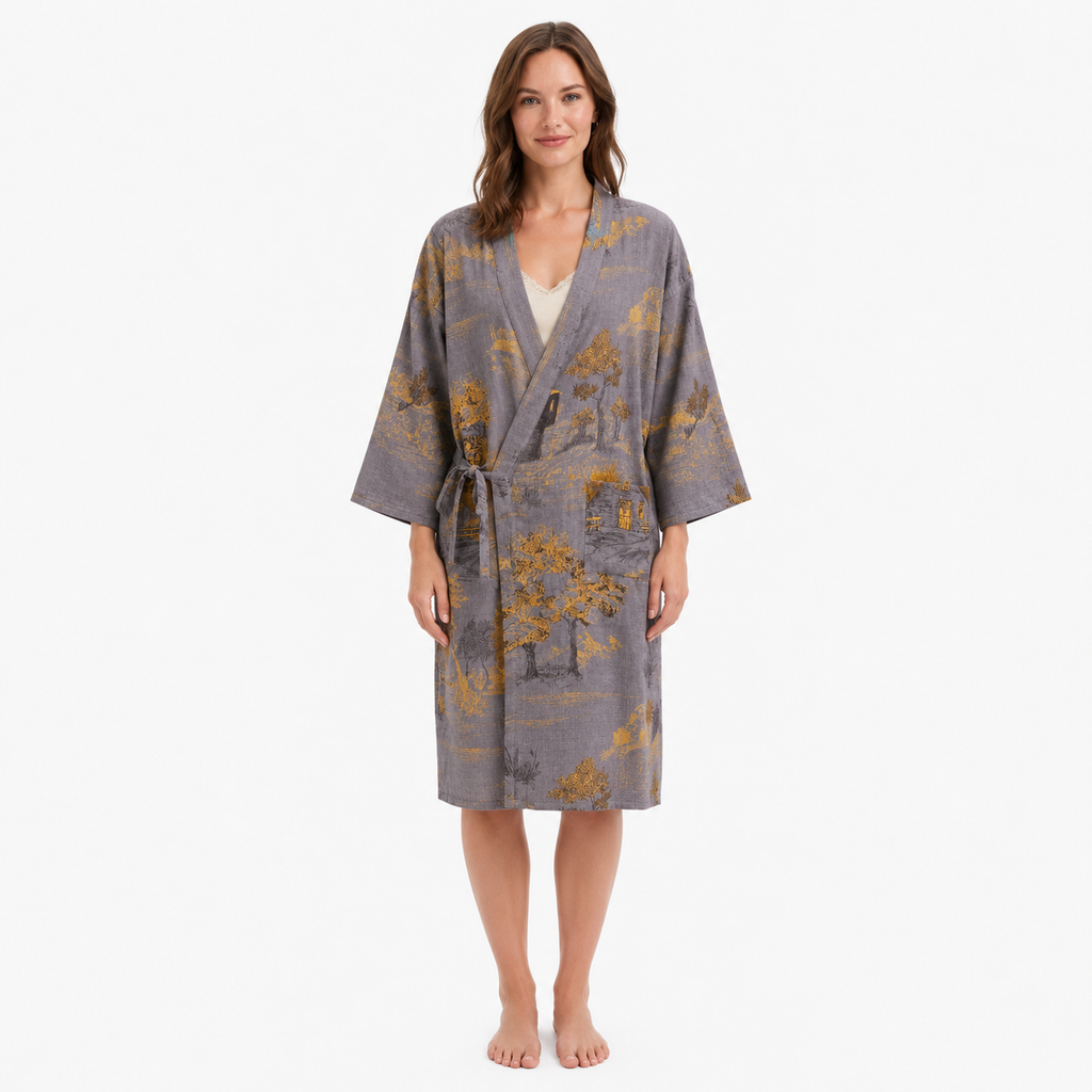 Peignoir Kimono Femme Coton Gris | Mizuki