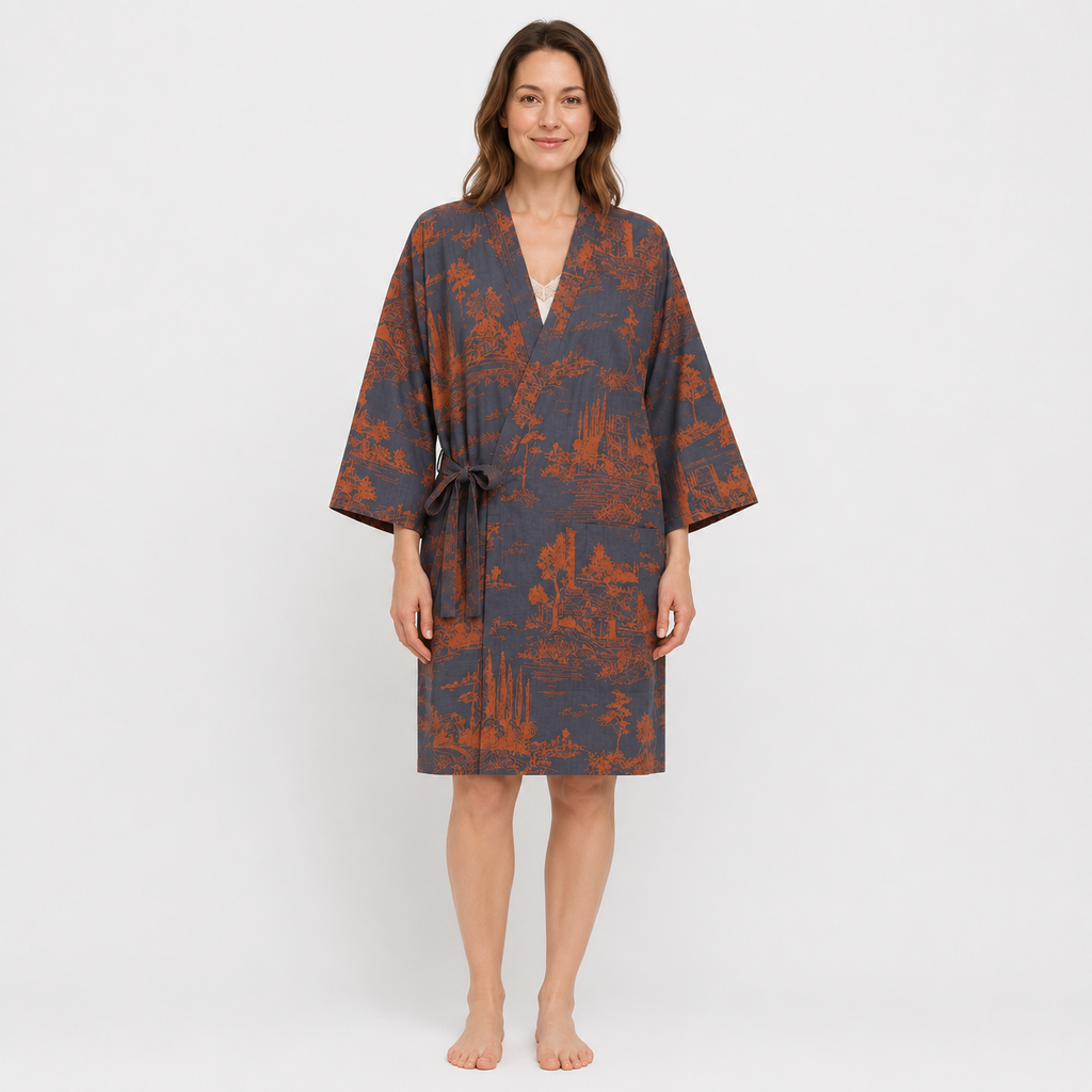 Peignoir Kimono Femme Léger Bleu Ardoise Long | Mizuha
