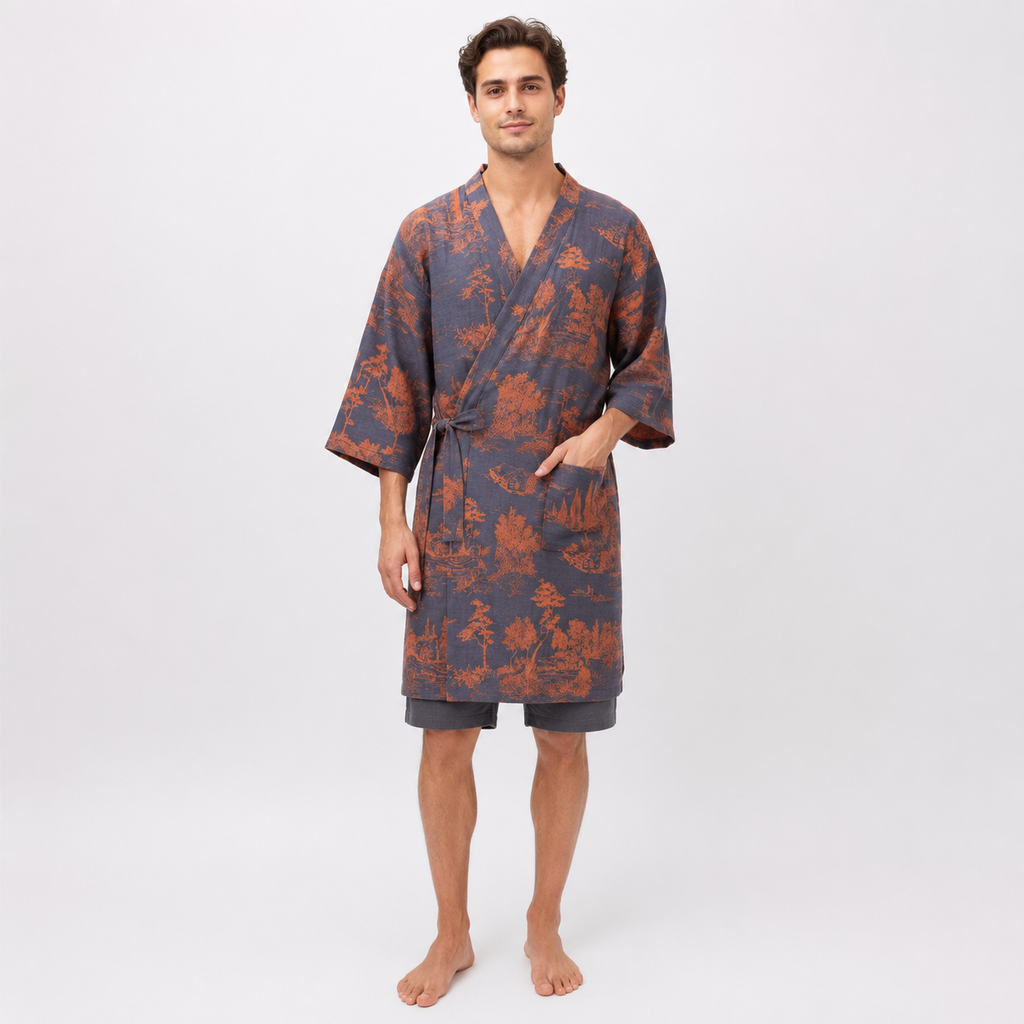 Peignoir Kimono Homme Coton Bleu Ardoise | Kōji