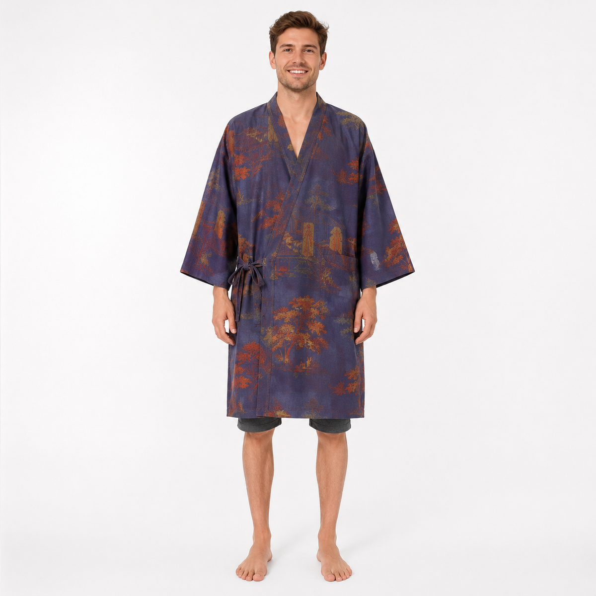 Peignoir Kimono Homme Coton Bleu Gris | Ryūsei