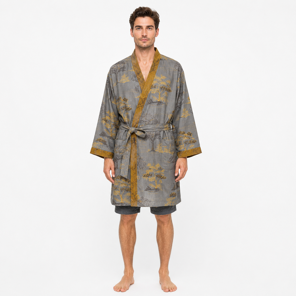 Peignoir Kimono Homme Coton Gris | Ryūto