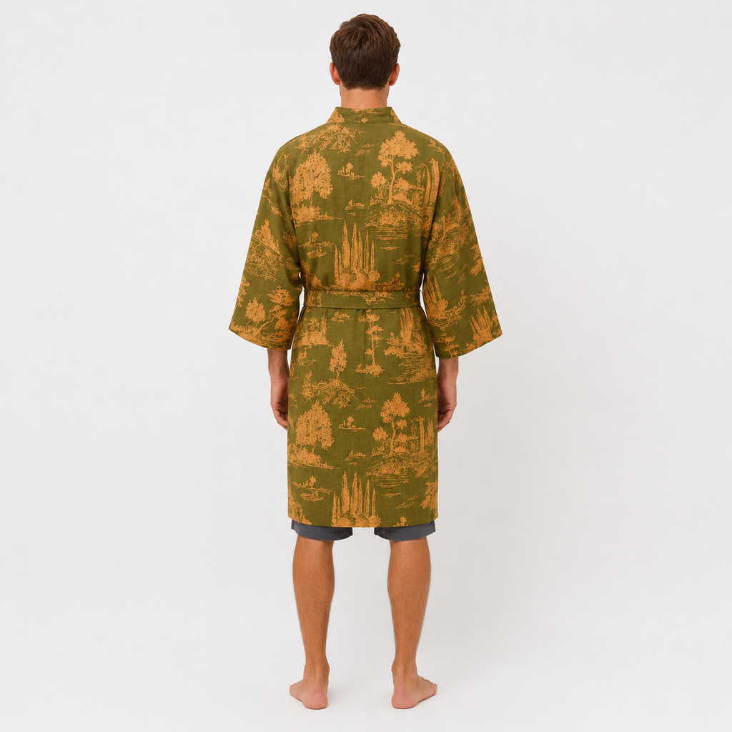 Peignoir Kimono Homme Coton Vert Mousse | Takumi