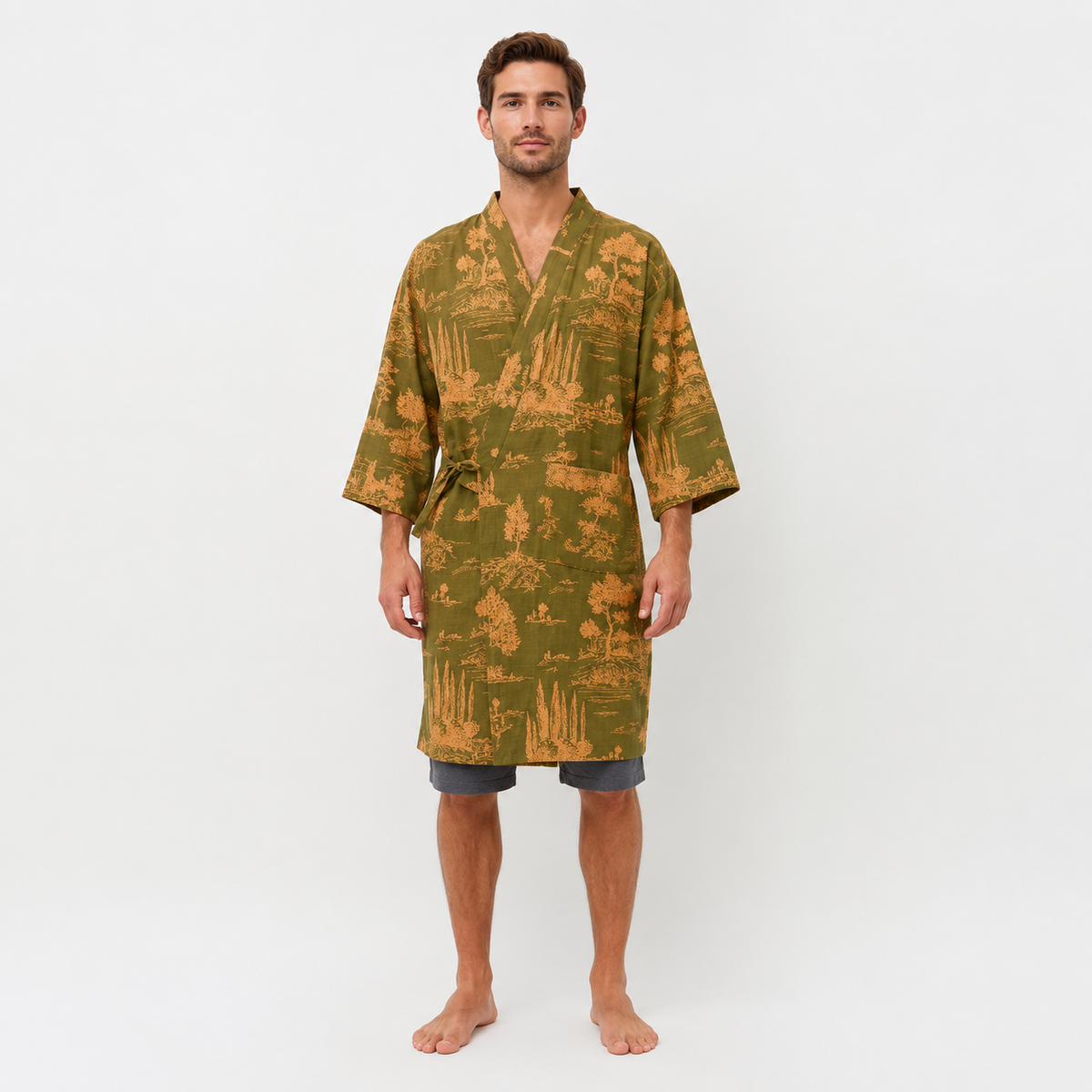 Peignoir Kimono Homme Coton Vert Mousse | Takumi