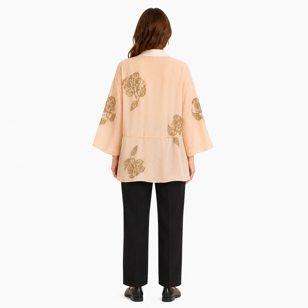 Veste Kimono Femme Beige Brodée Perlée | Mizuha