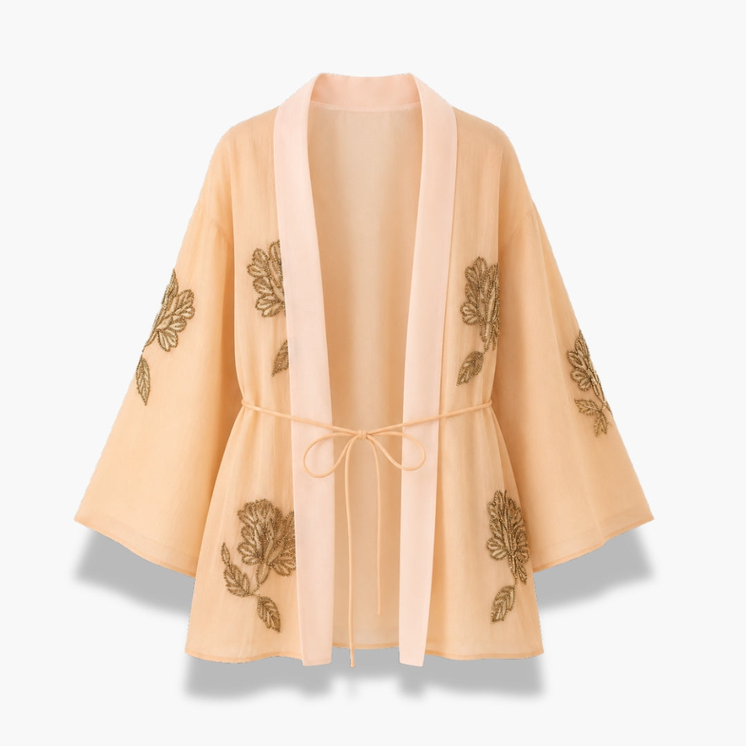 Veste Kimono Femme Beige Brodée Perlée | Mizuha