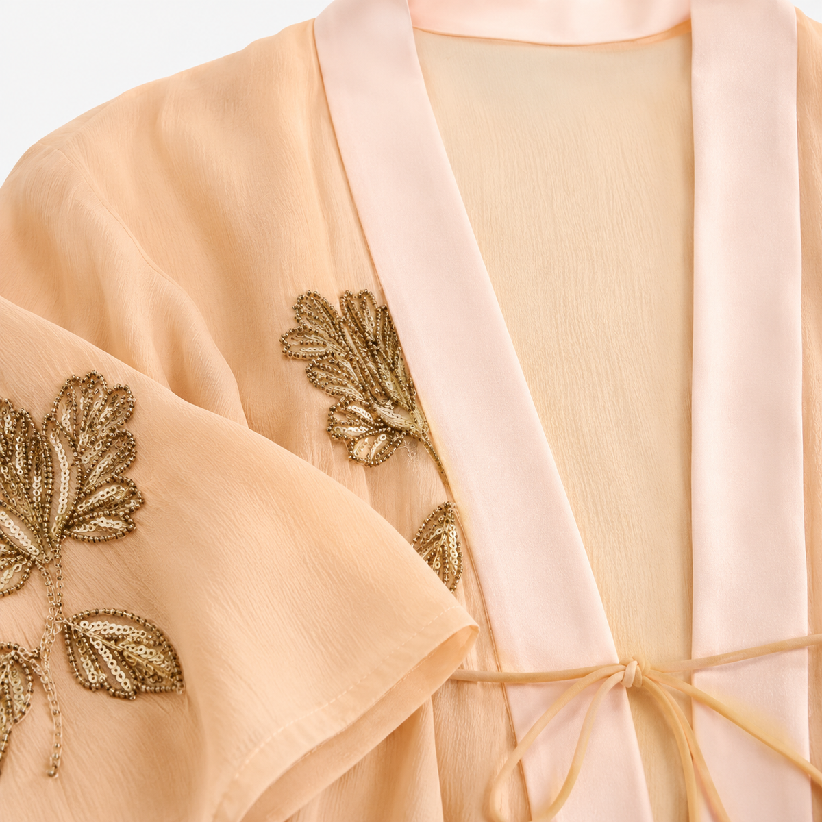 Veste Kimono Femme Beige Brodée Perlée | Mizuha