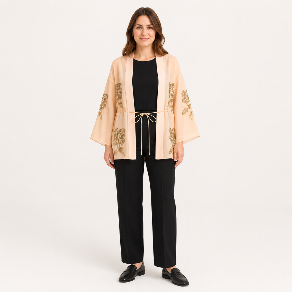 Veste Kimono Femme Beige Brodée Perlée | Mizuha