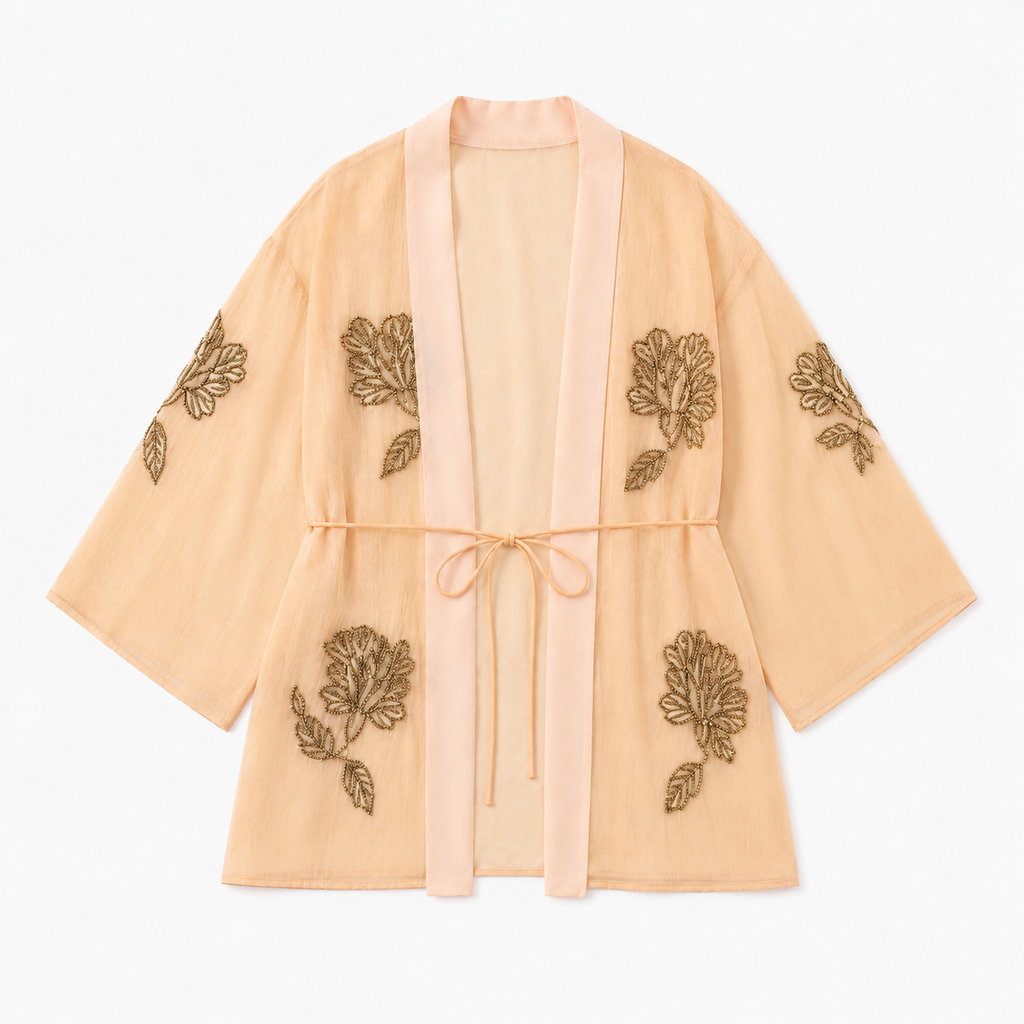 Veste Kimono Femme Beige Brodée Perlée | Mizuha