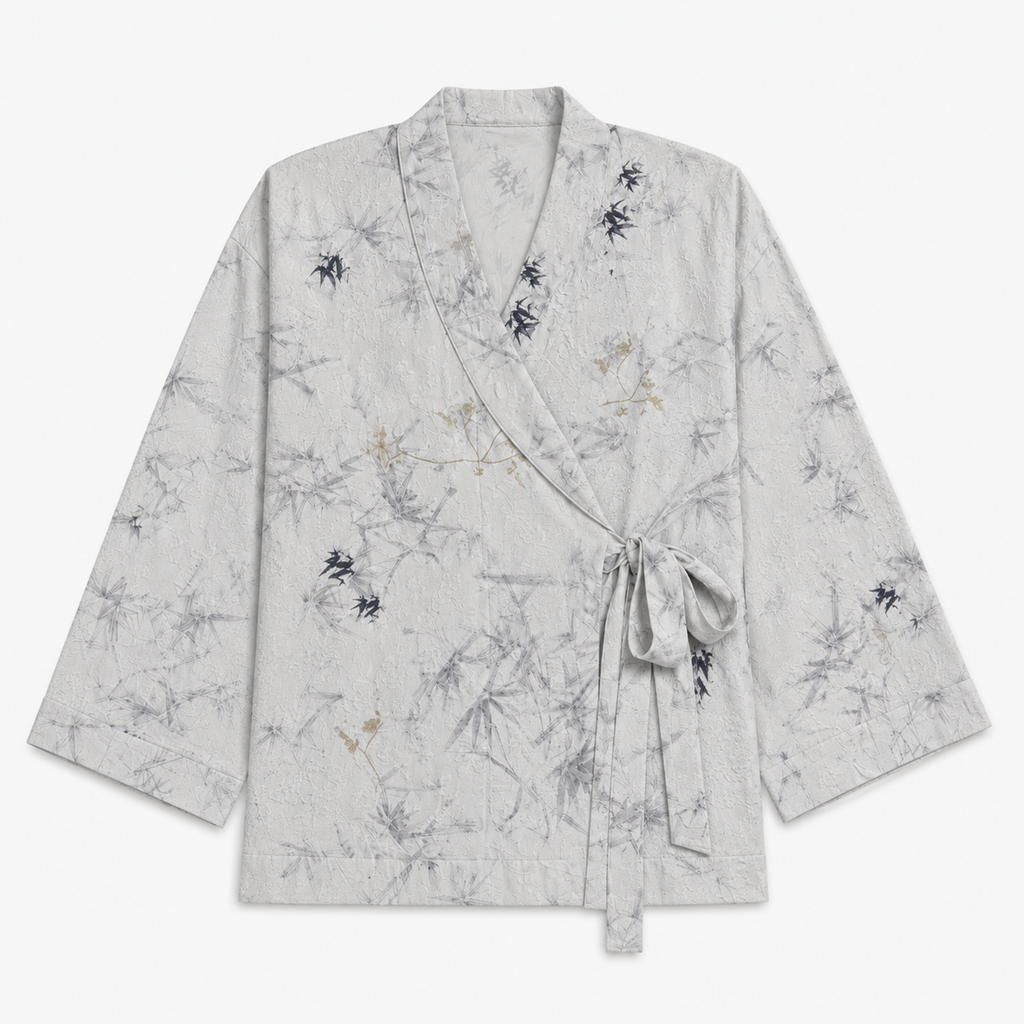 Veste Kimono Femme Japonaise Gris Clair Mi-Longue | Kasumi