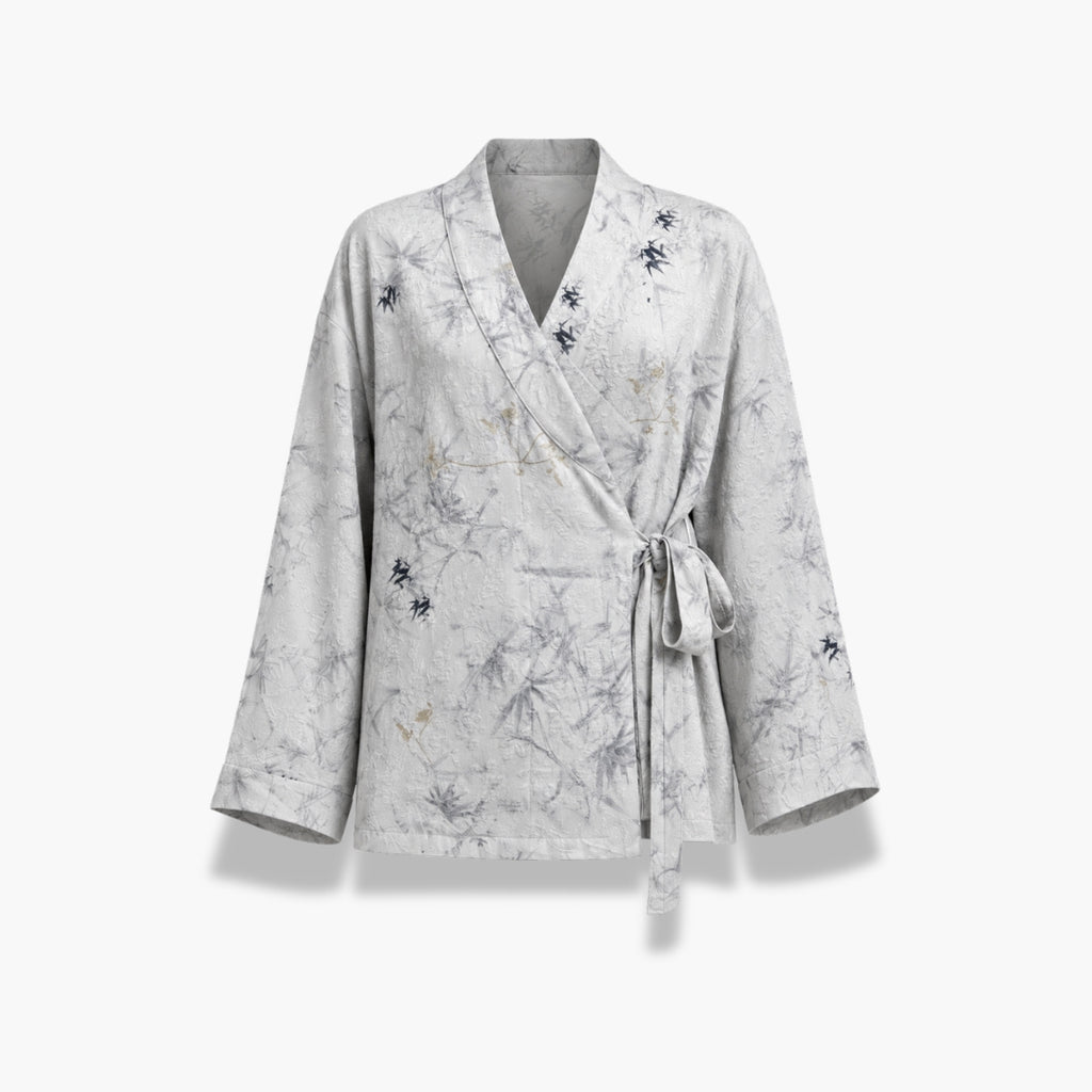 Veste Kimono Femme Japonaise Gris Clair Mi-Longue | Kasumi