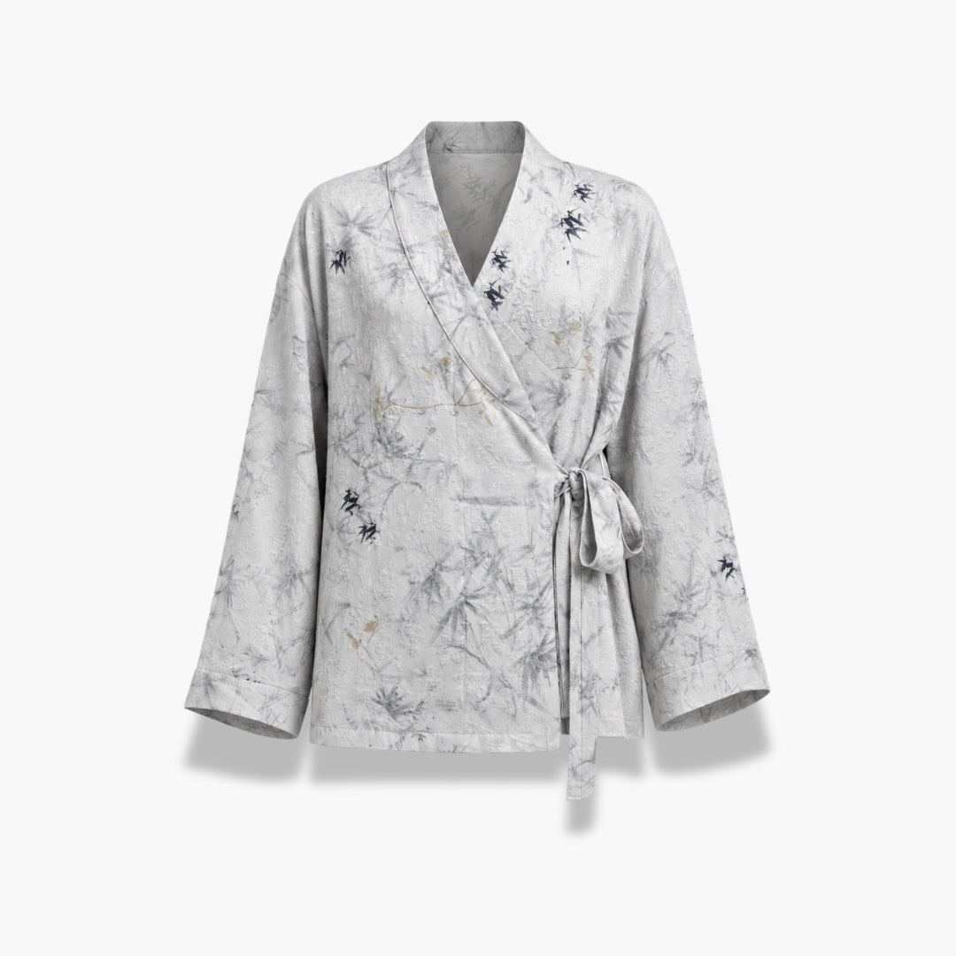 Veste Kimono Femme Japonaise Gris Clair Mi-Longue | Kasumi