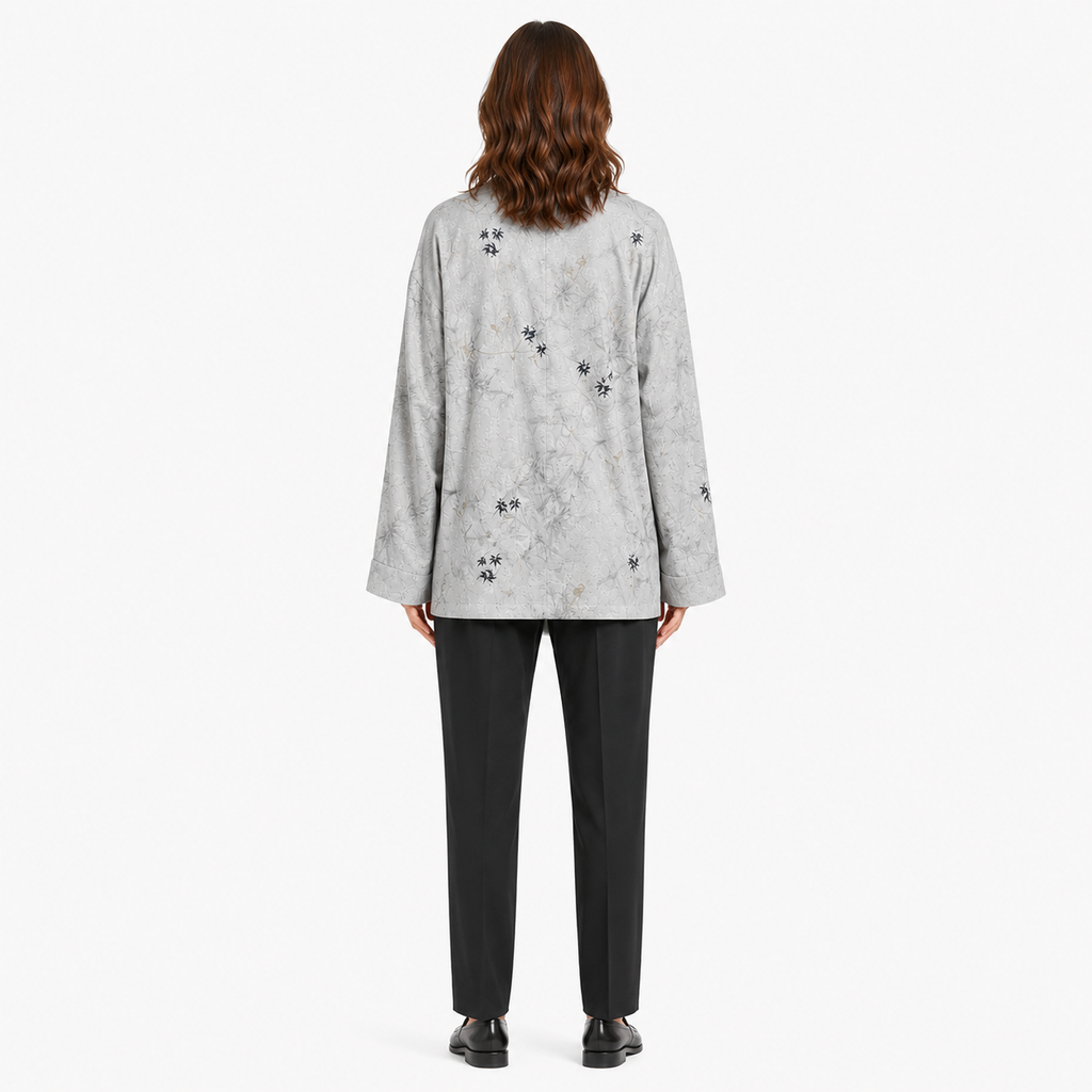 Veste Kimono Femme Japonaise Gris Clair Mi-Longue | Kasumi