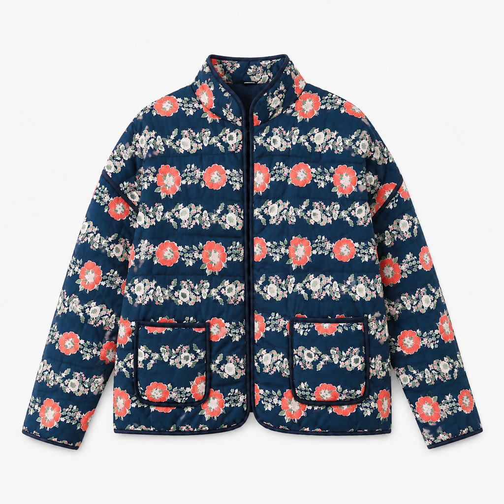 Veste Kimono Femme Matelassée Fleurie Bleu Marine | Mizuki