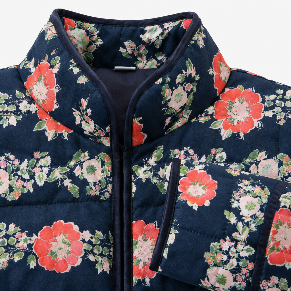 Veste Kimono Femme Matelassée Fleurie Bleu Marine | Mizuki