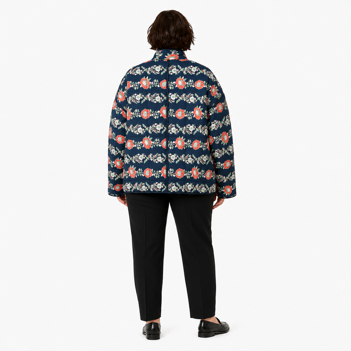 Veste Kimono Femme Matelassée Fleurie Bleu Marine | Mizuki