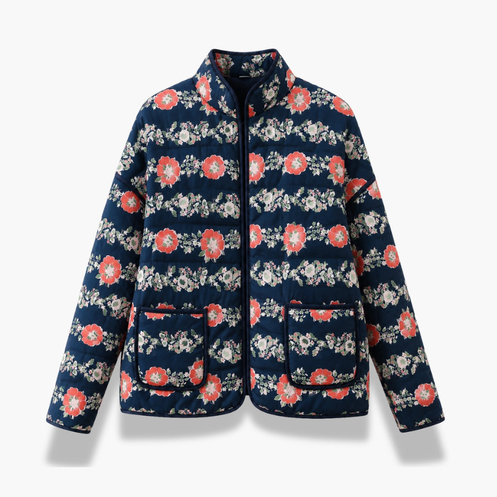 Veste Kimono Femme Matelassée Fleurie Bleu Marine | Mizuki
