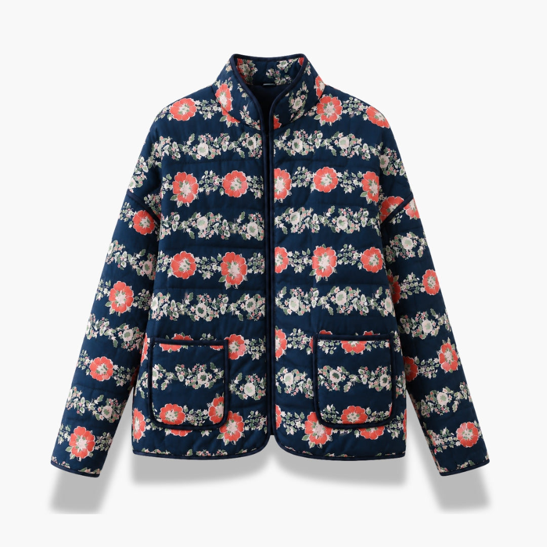 Veste Kimono Femme Matelassée Fleurie Bleu Marine | Mizuki