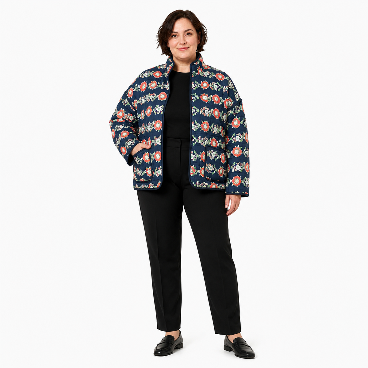 Veste Kimono Femme Matelassée Fleurie Bleu Marine | Mizuki
