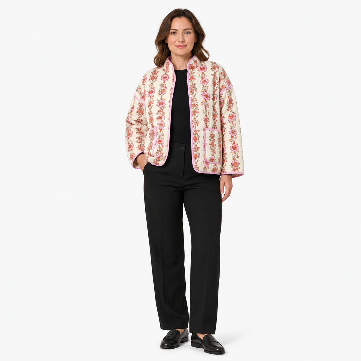 Veste Kimono Femme Matelassée Fleurie Jaune Pâle | Kohana