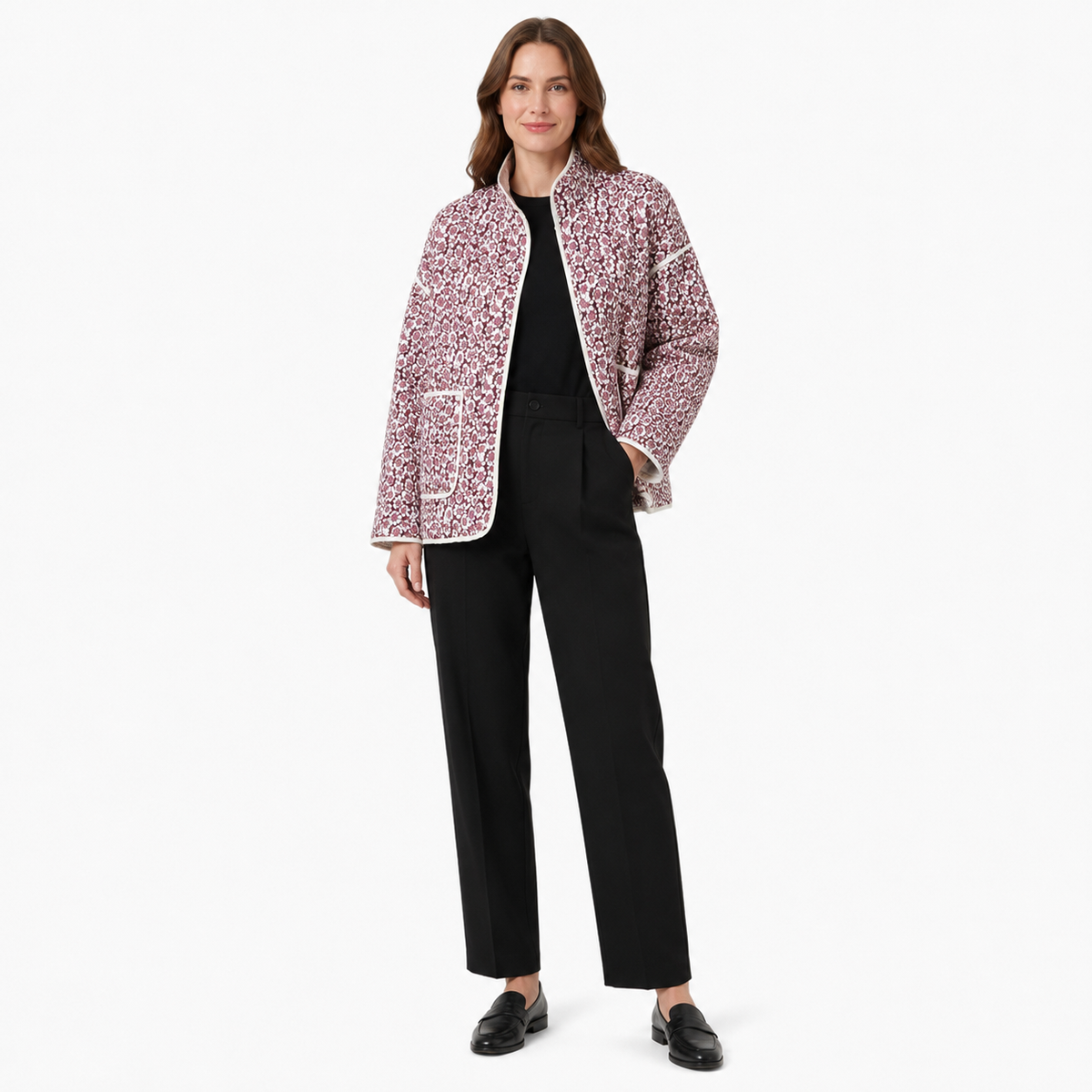 Veste Kimono Femme Matelassée Fleurie Prune | Ayame