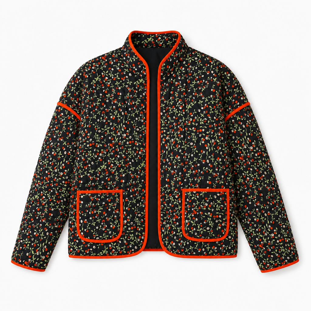 Veste Kimono Femme Noire Matelassée Fleurie | Kaede