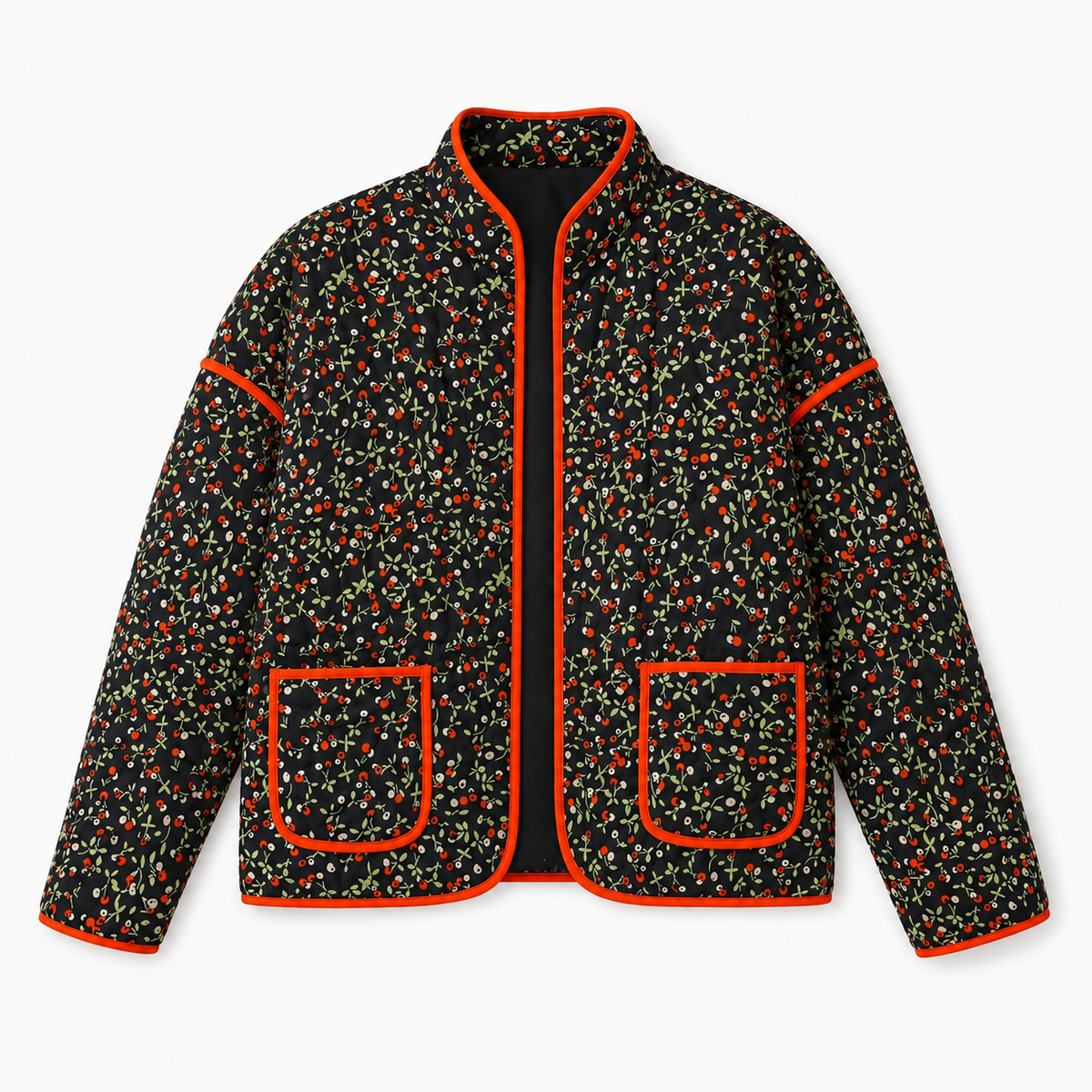 Veste Kimono Femme Noire Matelassée Fleurie | Kaede