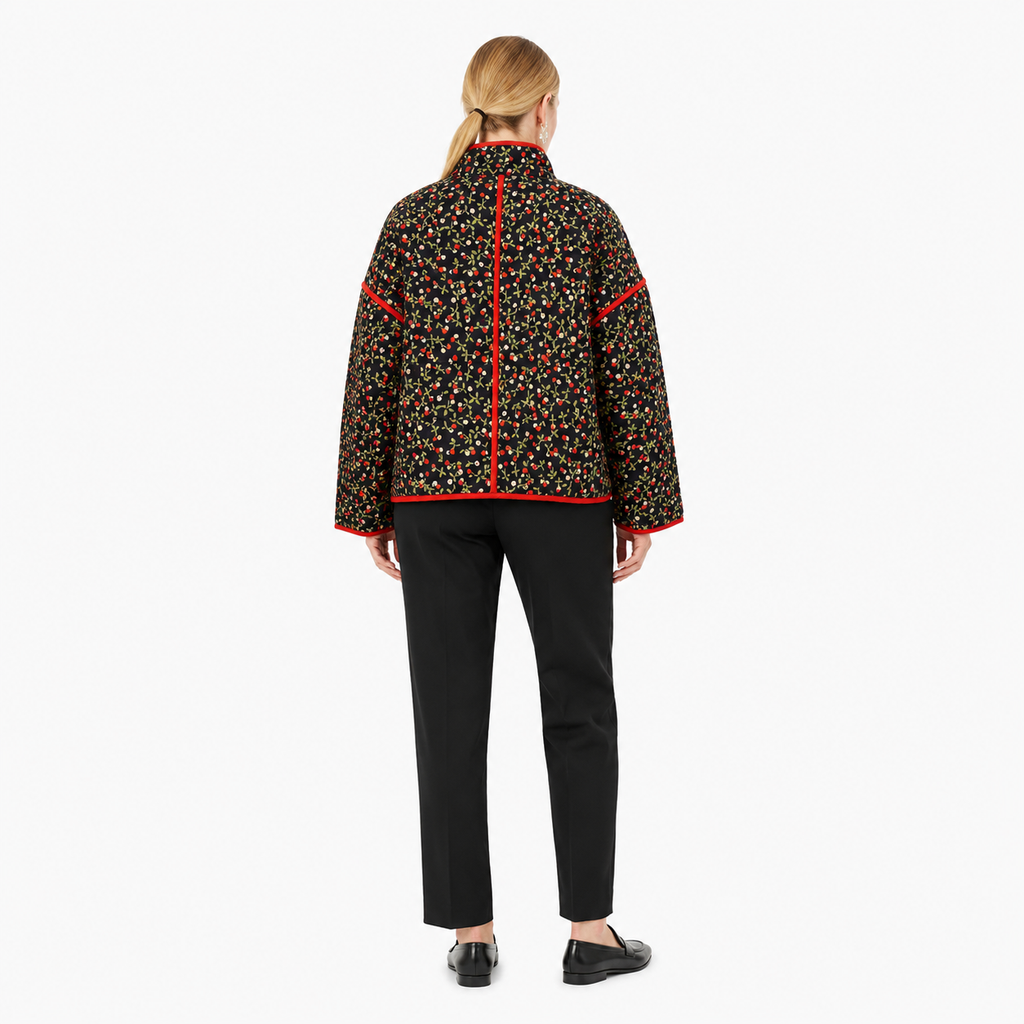 Veste Kimono Femme Noire Matelassée Fleurie | Kaede