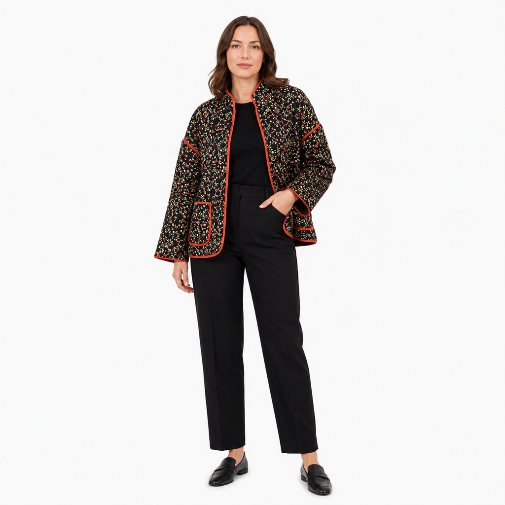 Veste Kimono Femme Noire Matelassée Fleurie | Kaede