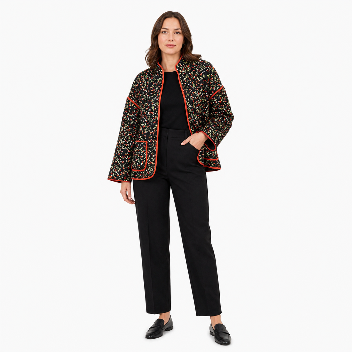Veste Kimono Femme Noire Matelassée Fleurie | Kaede