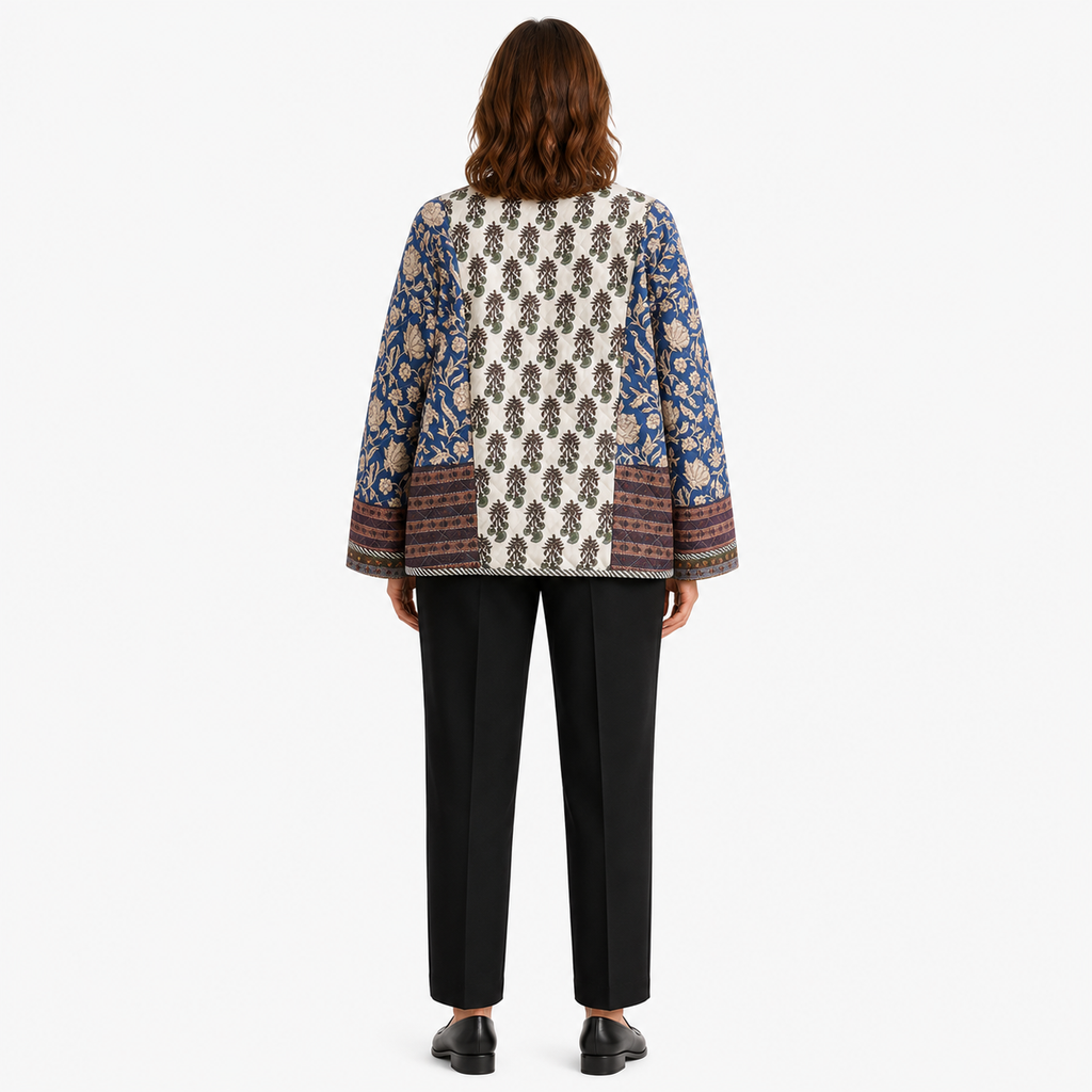 Veste Kimono Femme Patchwork Bleu Matelassée | Kaede