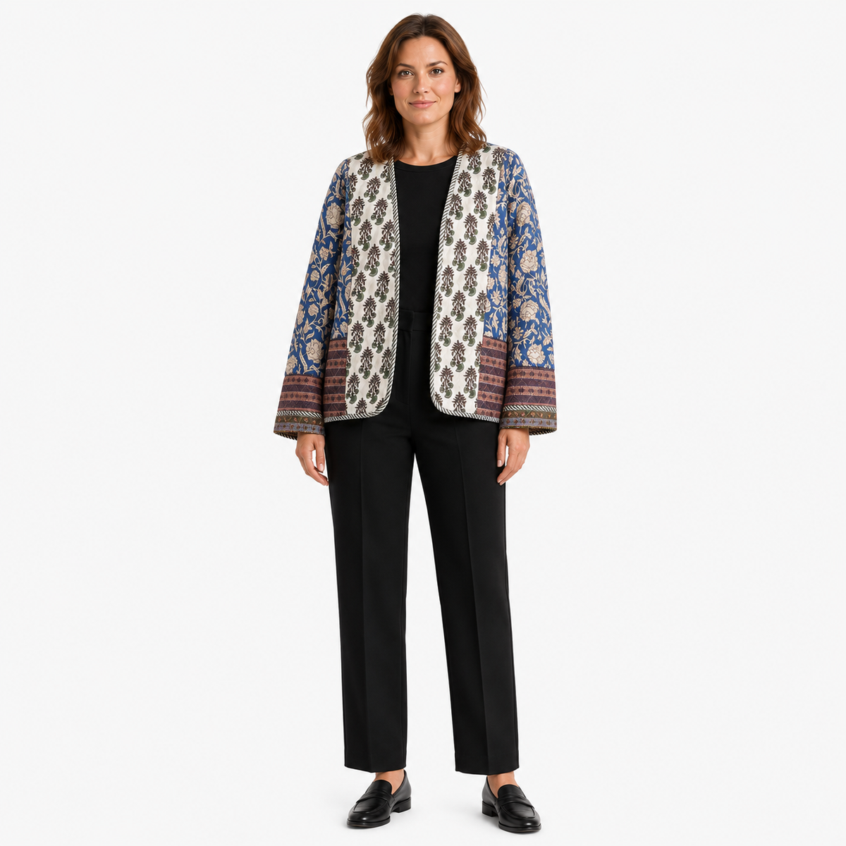 Veste Kimono Femme Patchwork Bleu Matelassée | Kaede