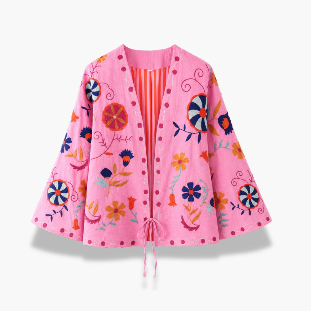 Veste Kimono Femme Rose Brodée Courte | Kohana