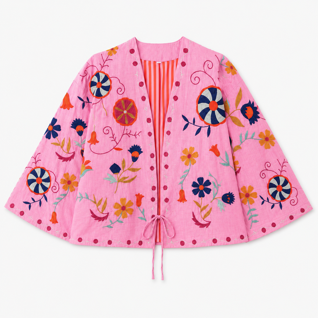 Veste Kimono Femme Rose Brodée Courte | Kohana