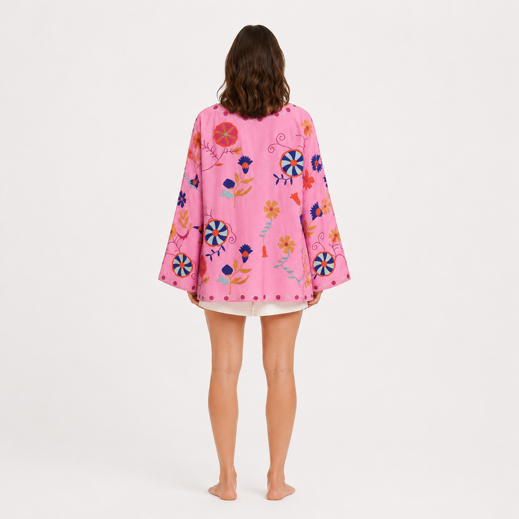 Veste Kimono Femme Rose Brodée Courte | Kohana