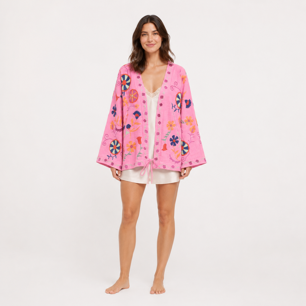 Veste Kimono Femme Rose Brodée Courte | Kohana