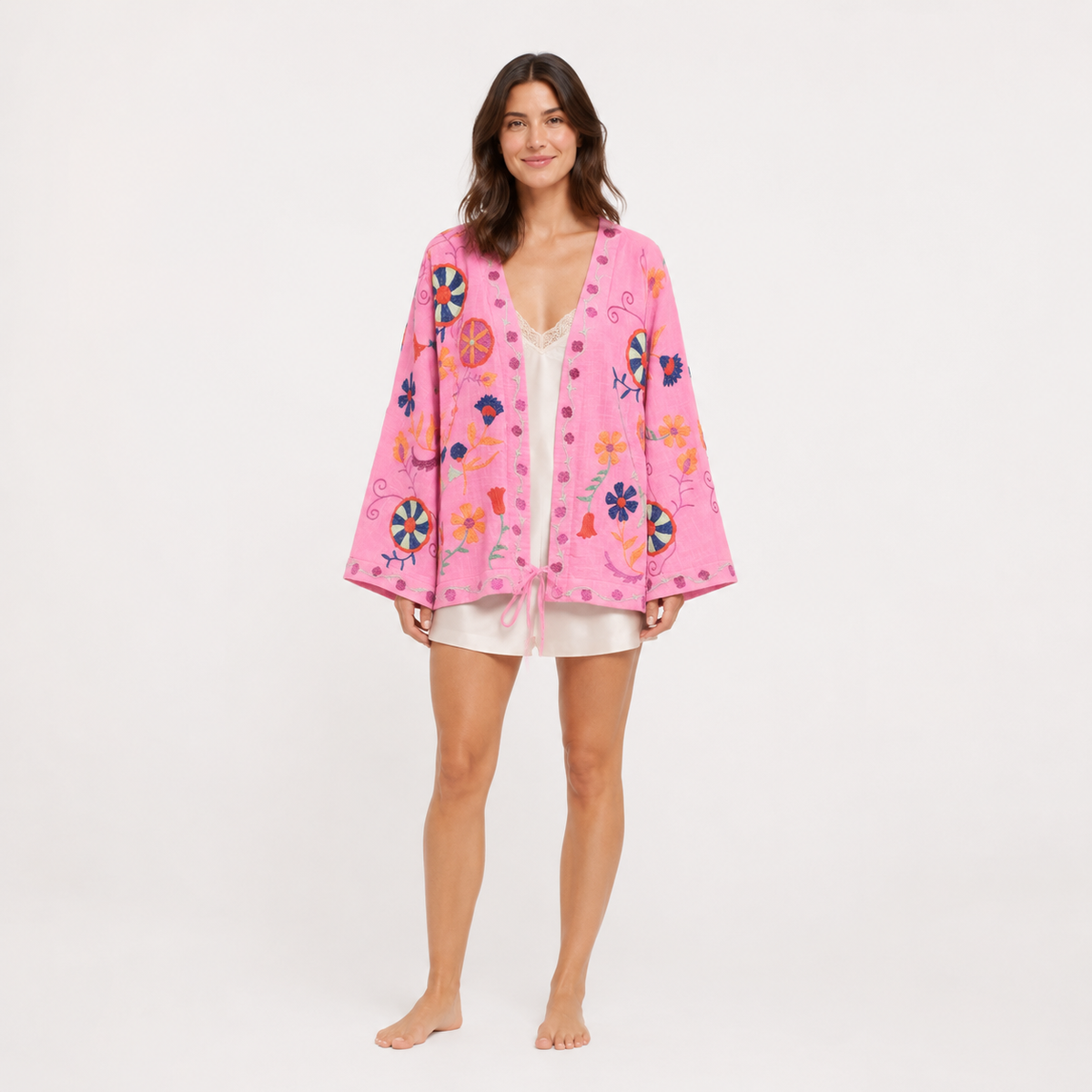 Veste Kimono Femme Rose Brodée Courte | Kohana