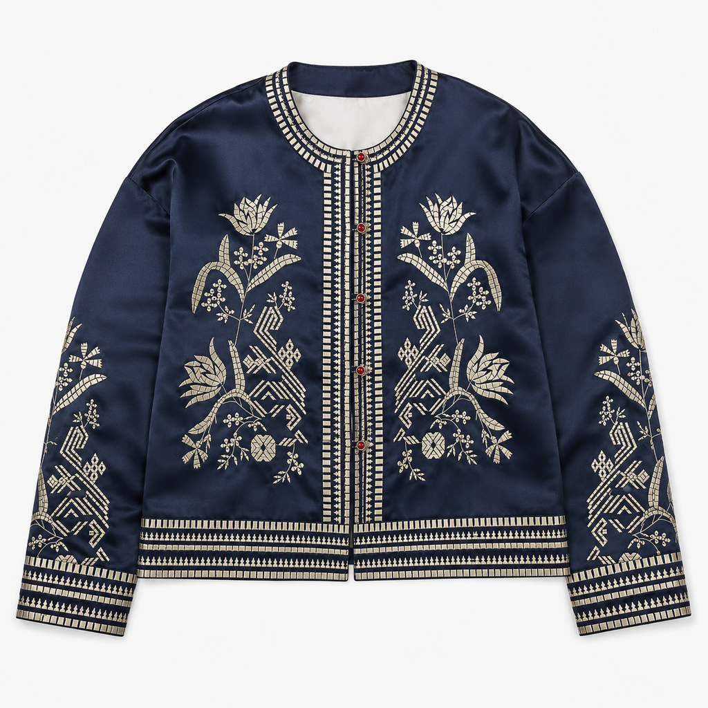 Veste Kimono Femme Soie Brodée Bleu nuit | Mizuki