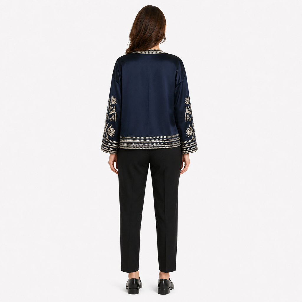 Veste Kimono Femme Soie Brodée Bleu nuit | Mizuki