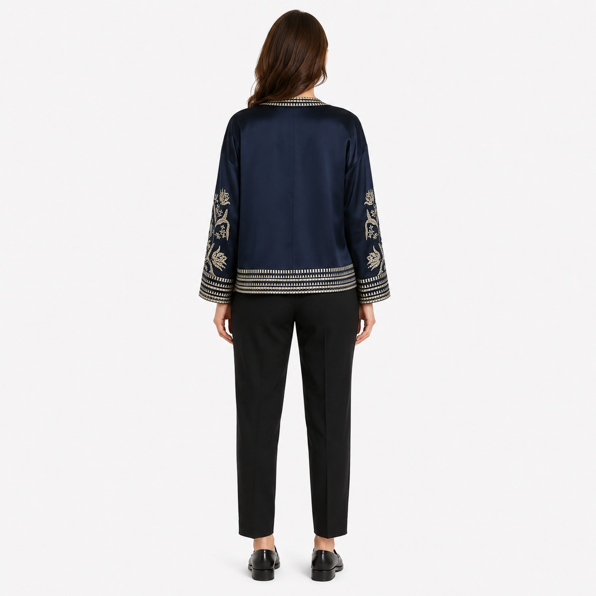 Veste Kimono Femme Soie Brodée Bleu nuit | Mizuki