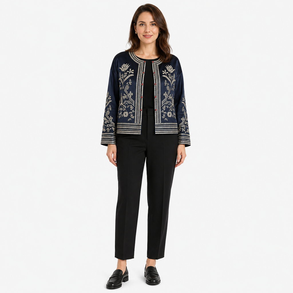 Veste Kimono Femme Soie Brodée Bleu nuit | Mizuki