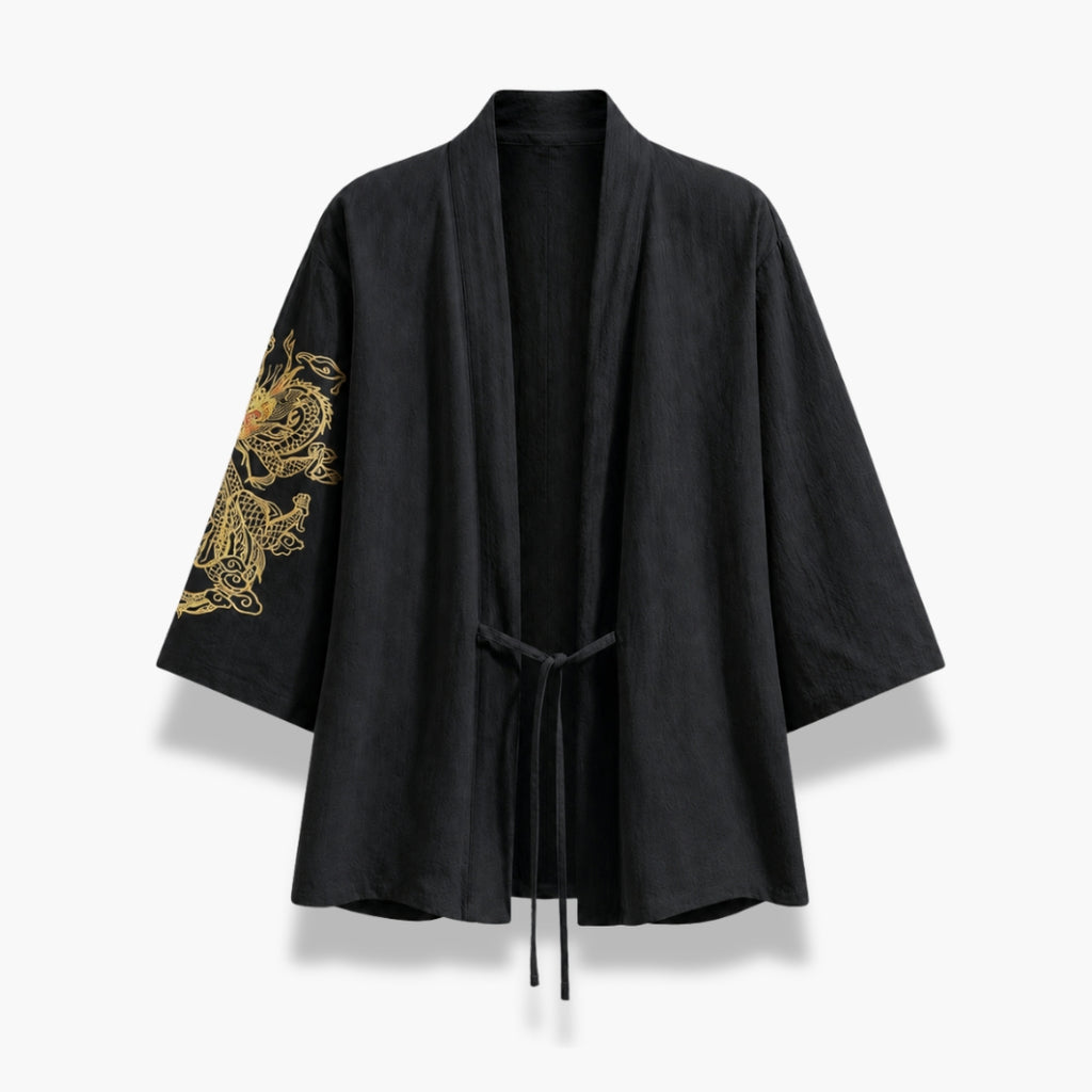Veste Kimono Homme Brodé Noir Beige | Takara